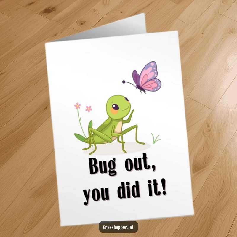 Funny Free Printable Congratulations Card: A grasshopper playfully bopping a butterfly, symbolizing a lighthearted win.