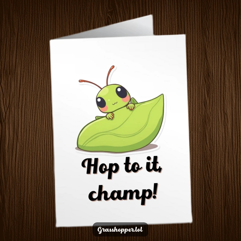 Funny Free Printable Grasshopper Congratulations Card, peeking out with excitement from a leaf, celebrating success.