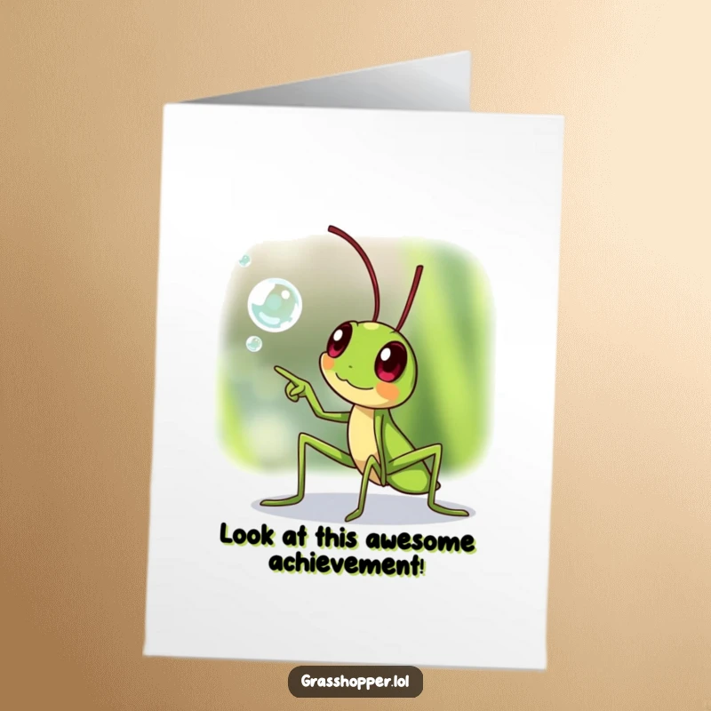 Funny Free Printable Congratulations Card: An enthusiastic grasshopper excitedly points to a sparkling dewdrop, celebrating a bright achievement.