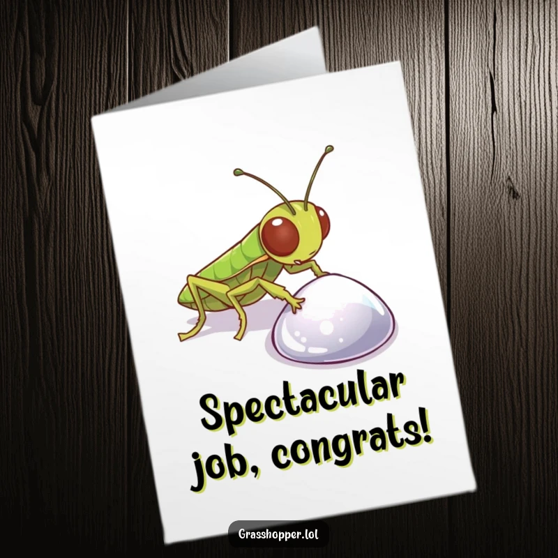 Funny Free Printable Congratulations Card: A grasshopper curiously looking at a dazzling, sparkling pebble, symbolizing a great find.