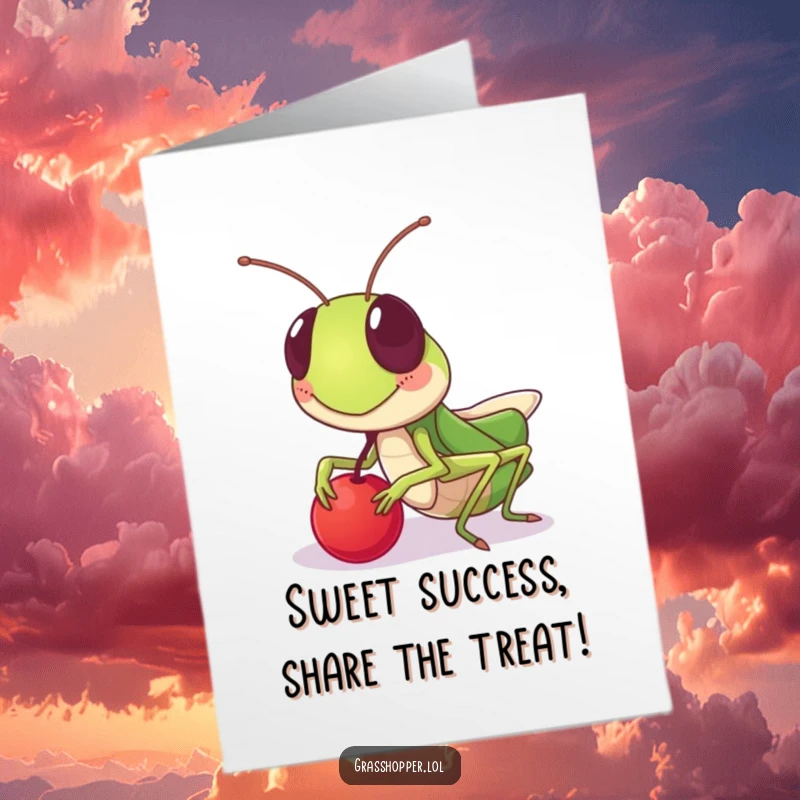 Funny Free Printable Congratulations Card: A grasshopper generously shares a small berry with a wide, friendly smile, celebrating good news.
