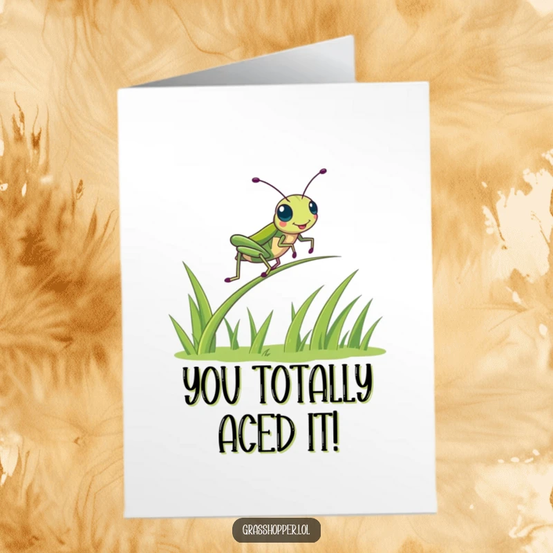 Funny Free Printable Grasshopper Congratulations Card: A kawaii grasshopper excitedly bounces on a flexible blade of grass.