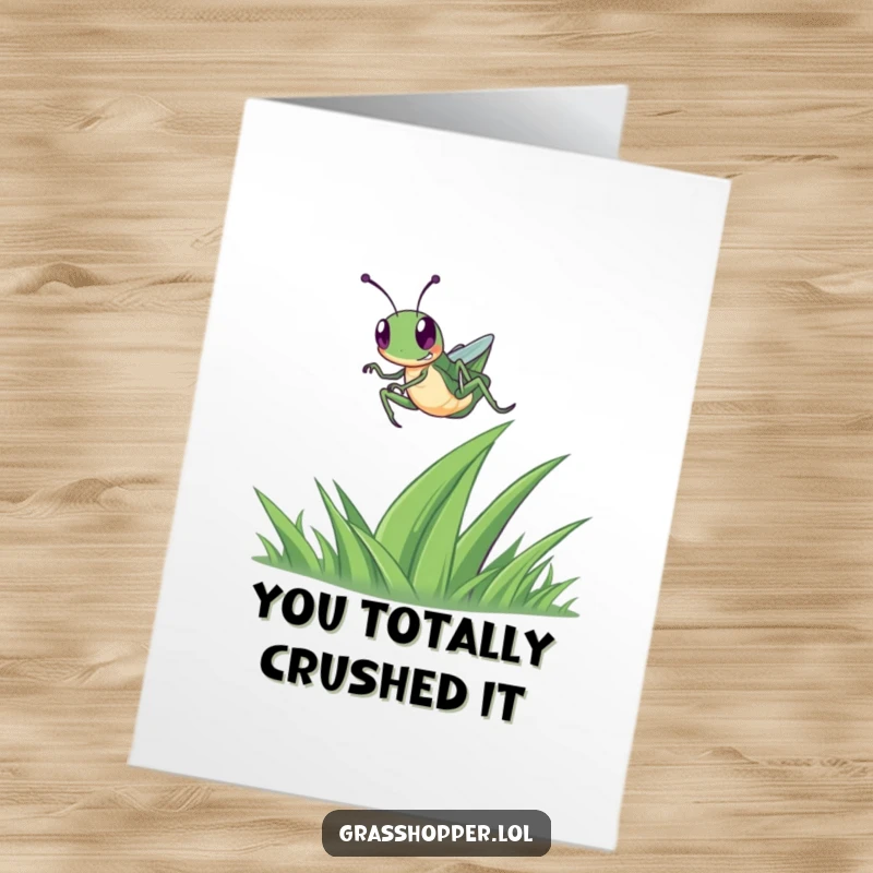 Funny Free Printable Congrats Card: A happy grasshopper performing an impressive leap over a blade of grass to celebrate news.