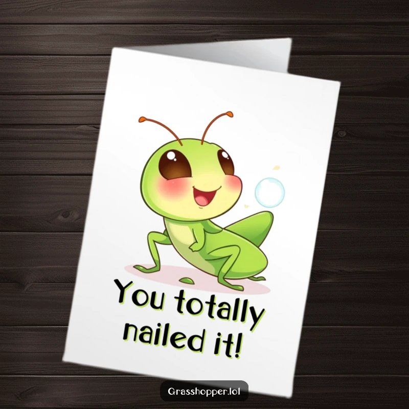 Funny Free Printable Congratulations Card: A grasshopper joyfully giggling while blowing a small, iridescent bubble.