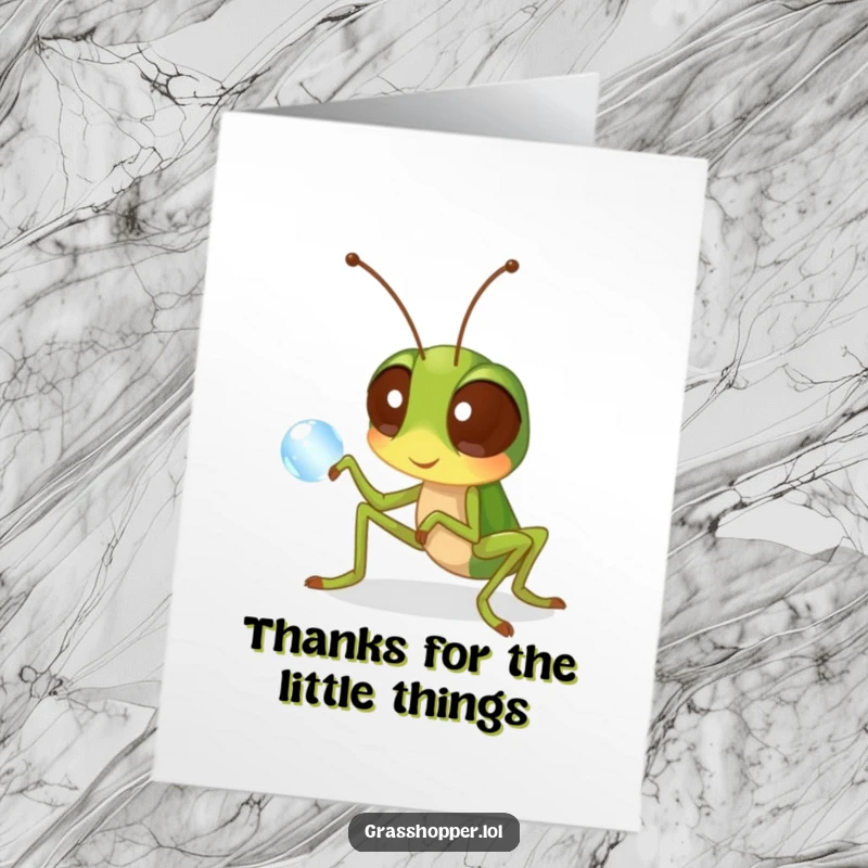 Funny Free Printable Thank You Card: Grasshopper with oversized, captivated eyes studying a glistening dewdrop.