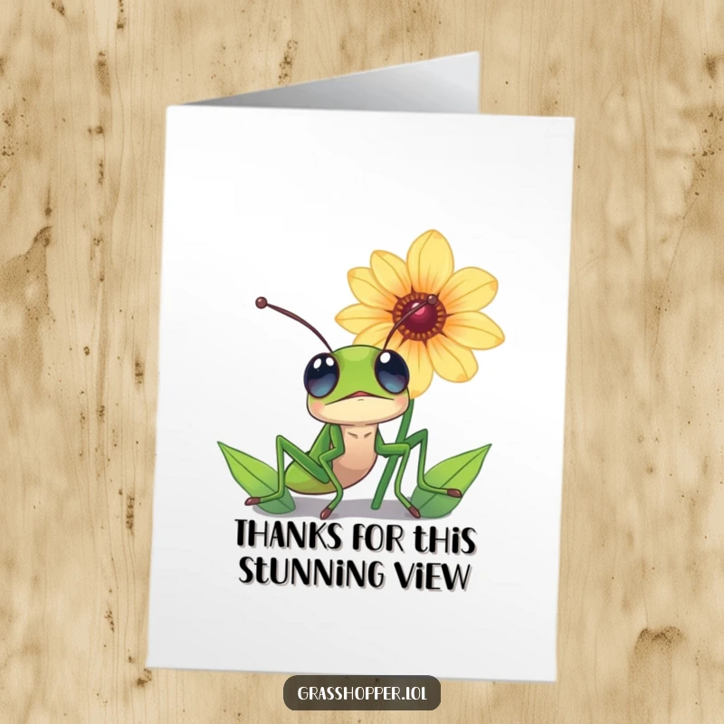 Funny Free Printable Thank You Card: Grasshopper with wide eyes looking up at a magnificent flower. Expressing gratitude.