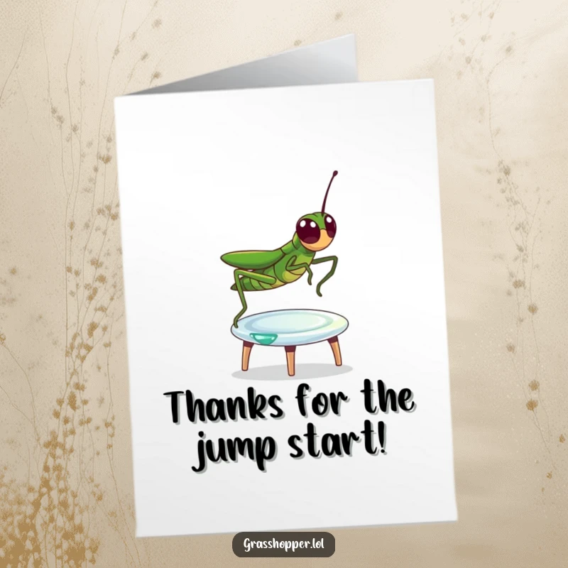 Funny Free Printable Thank You Card: A grasshopper having a blast bouncing on a glistening dewdrop trampoline.