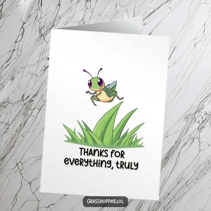 Funny Free Printable Thank You Card: A happy grasshopper in mid-air, leaping over grass to convey heartfelt thanks.