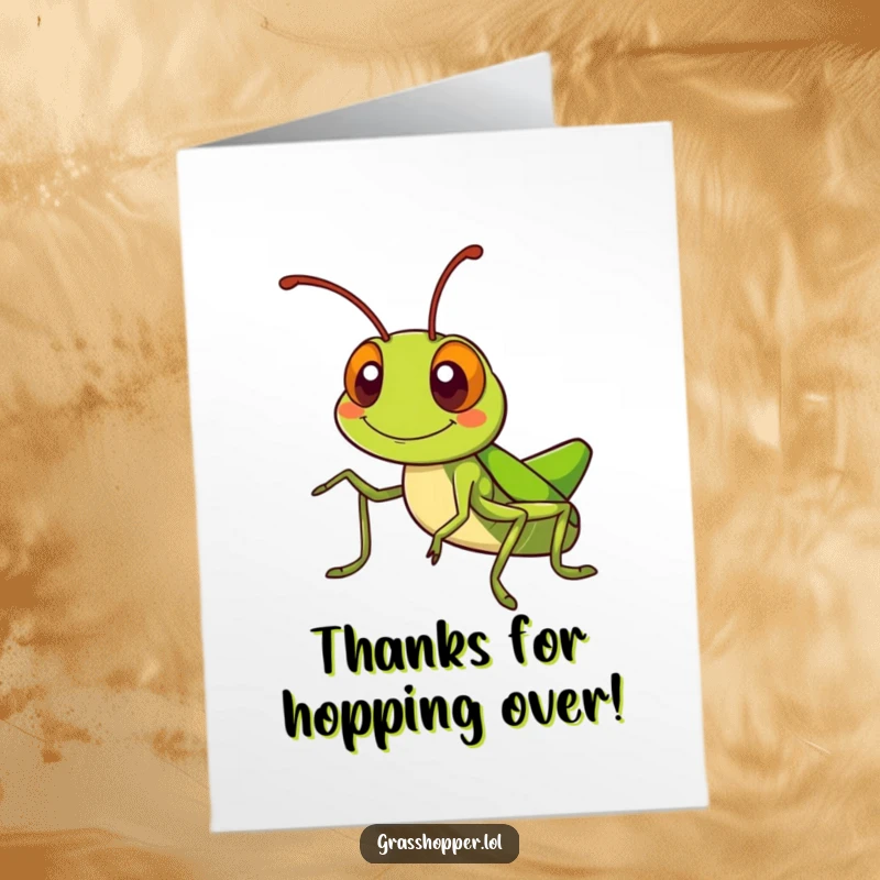Funny Free Printable Thank You Card: Kawaii grasshopper with a silly grin waving antennae, expressing thanks. Cute art.