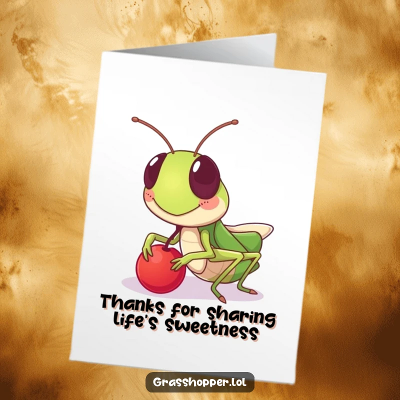 Funny Free Printable Thank You Card: A grasshopper beams with a friendly grin while offering a tiny berry, perfect for thanking someone.