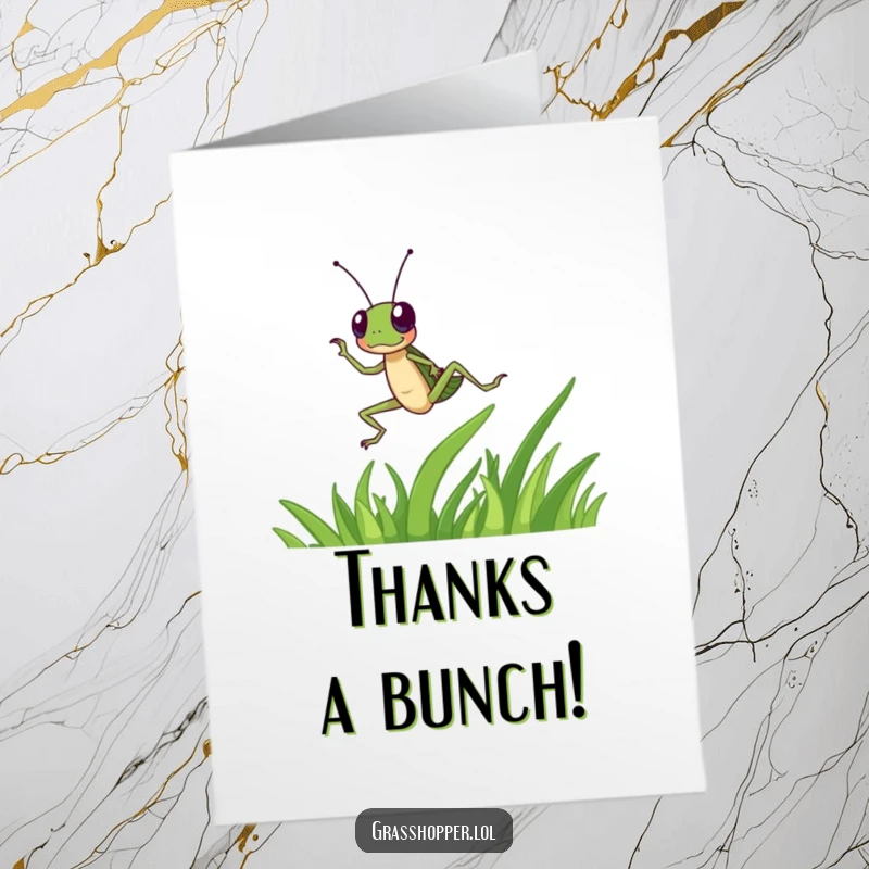 Funny Free Printable Thank You Card: Grasshopper dancing energetically on a blade of grass, expressing thanks with lively and joyful movements.