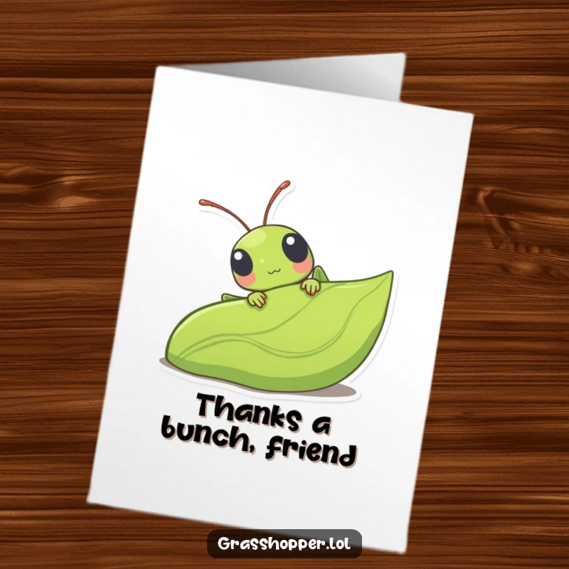 Funny Free Printable Grasshopper Thank You Card, peeking with gratitude from a leaf, a sweet gesture.