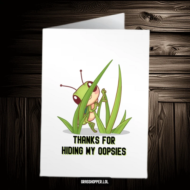 Funny free printable thank you card with a cute grasshopper playfully hiding behind a blade of grass, conveying thanks with humor.