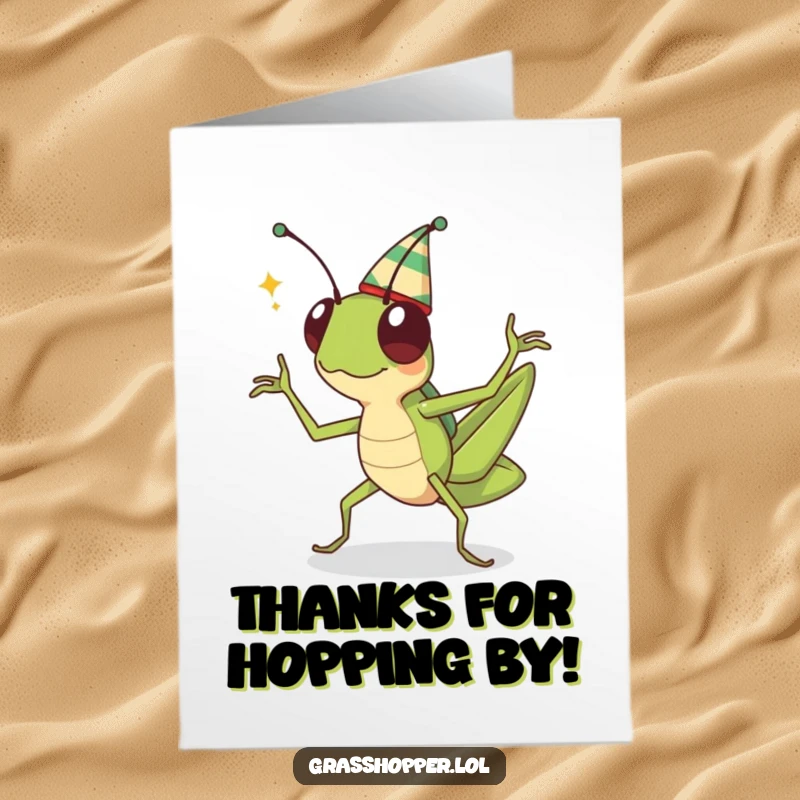Funny free printable thank you card: A kawaii grasshopper wearing a tiny hat does a happy dance, expressing sincere thanks.