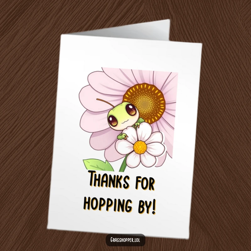 Funny Free Printable Thank You Card, showing a grasshopper peeking with playful eyes, perfect for expressing gratitude with humor.
