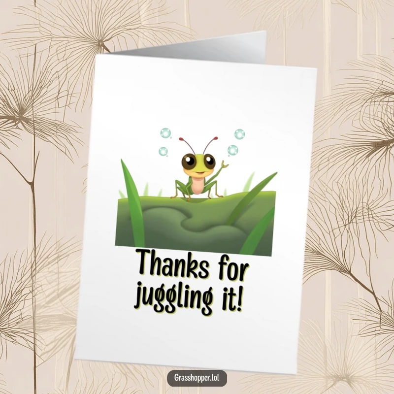 Funny Free Printable Grasshopper Thank You Card: A grasshopper with wide, focused eyes attempts to juggle several sparkling dewdrops.
