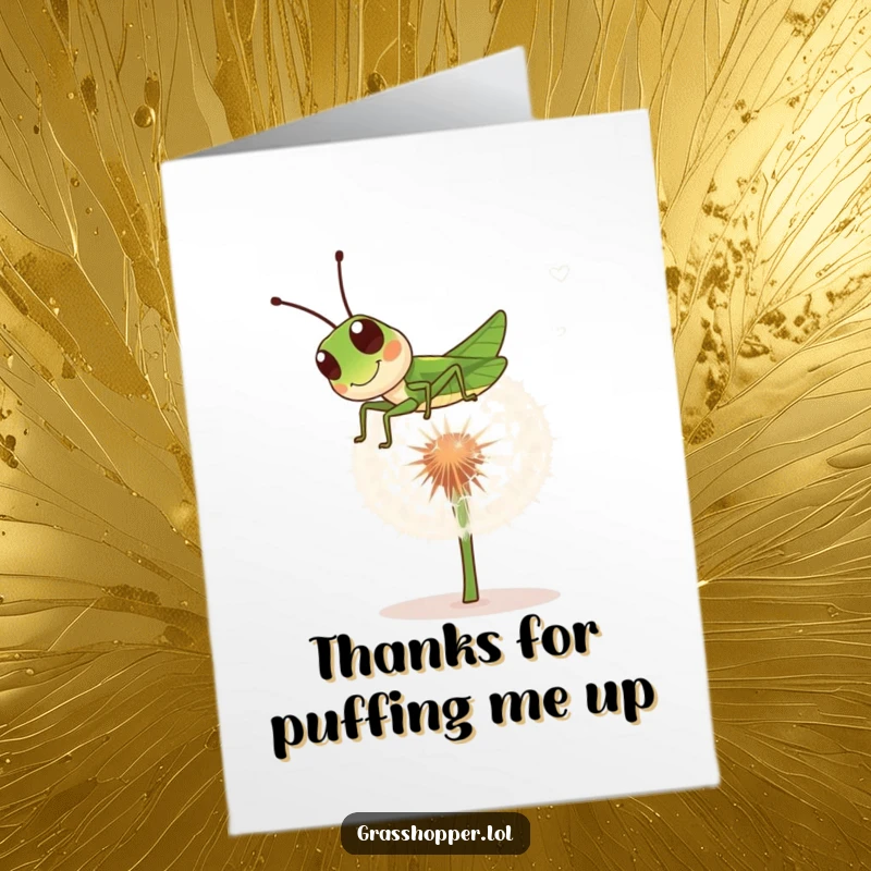 Funny Free Printable Thank You Card: Grasshopper bouncing gleefully on a dandelion, sending thanks.