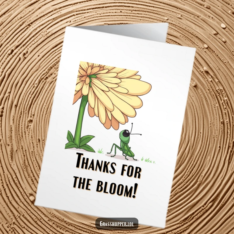 Funny Free Printable Thank You Card: A grasshopper gazing in wonder at a giant flower, conveying heartfelt thanks with a whimsical touch.