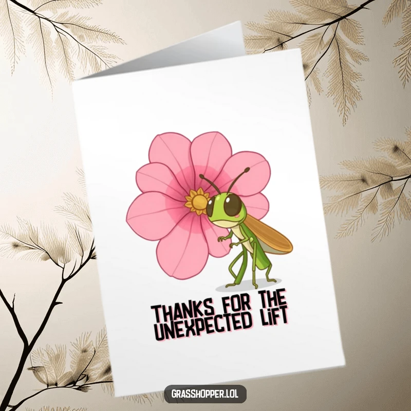 Funny Free Printable Thank You Card: A grasshopper leaps back in surprise from a massive falling flower petal, ideal for thanking someone.