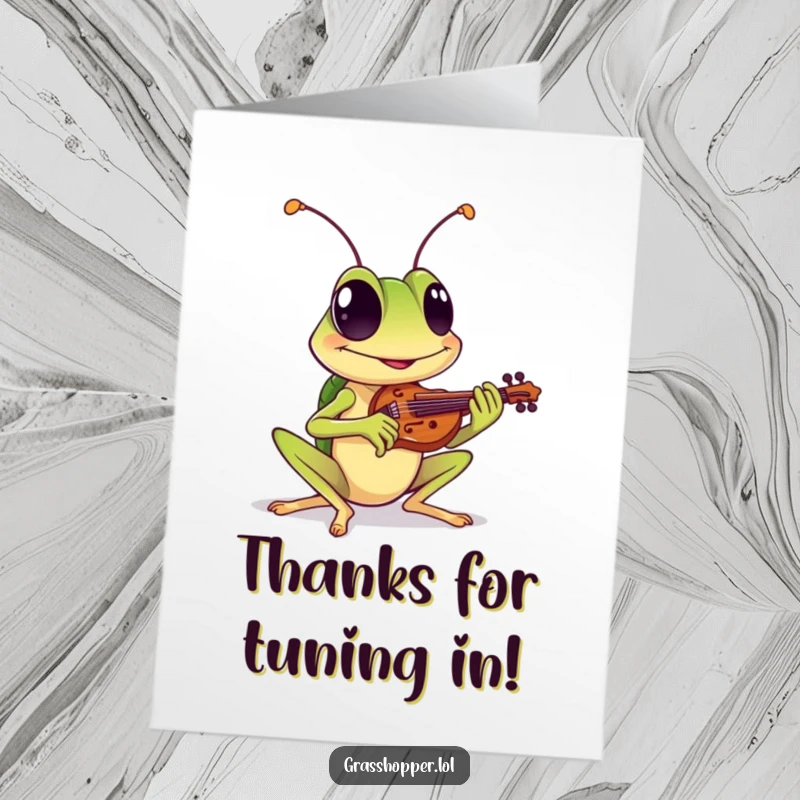 Funny Free Printable Thank You Card: A cheerful grasshopper plays a tiny violin, composing a thank you tune with a delighted grin.