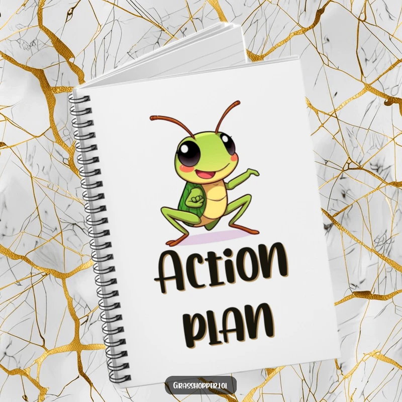 Kawaii grasshopper notebook showing a happy grasshopper in a dynamic pose, perfect for writing and planning.