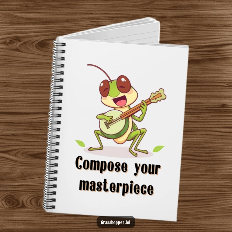 Funny grasshopper character excitedly playing a tiny leaf banjo on this notebook, a creative funny gift.