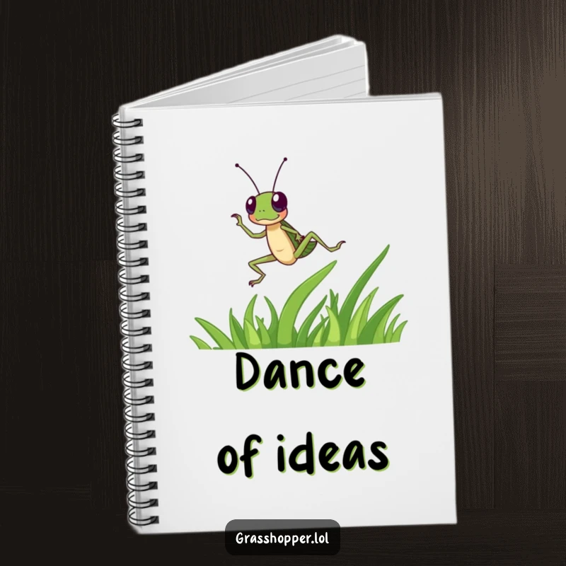 Funny grasshopper character dances energetically on a blade of grass on this notebook, a creative funny gift.