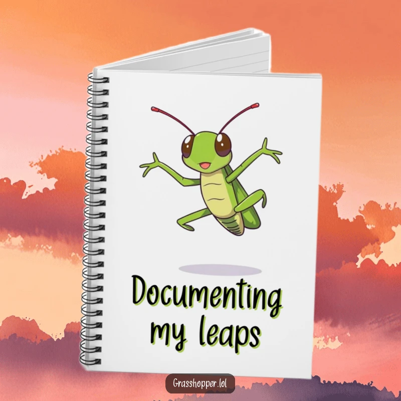 Funny grasshopper notebook with a dramatic grasshopper jump design, inspiring creative and humorous note-taking.