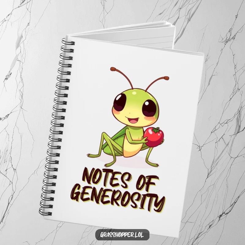 Funny grasshopper notebook, smiling kindly, offering a tiny berry, ready for sweet notes.