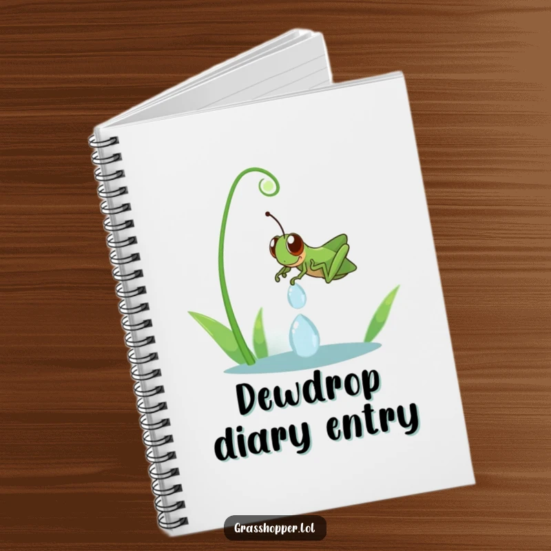 Funny grasshopper excitedly sliding down a dewdrop, printed on a notebook cover, inspiring fun and creativity.