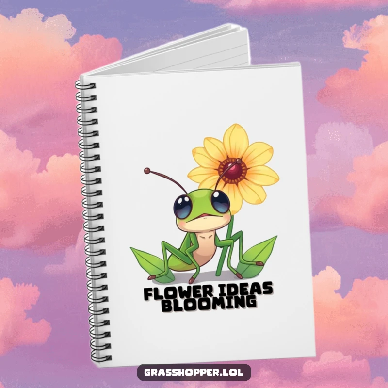Funny grasshopper notebook, eyes wide with awe, looking up at a magnificent flower, ready for notes.