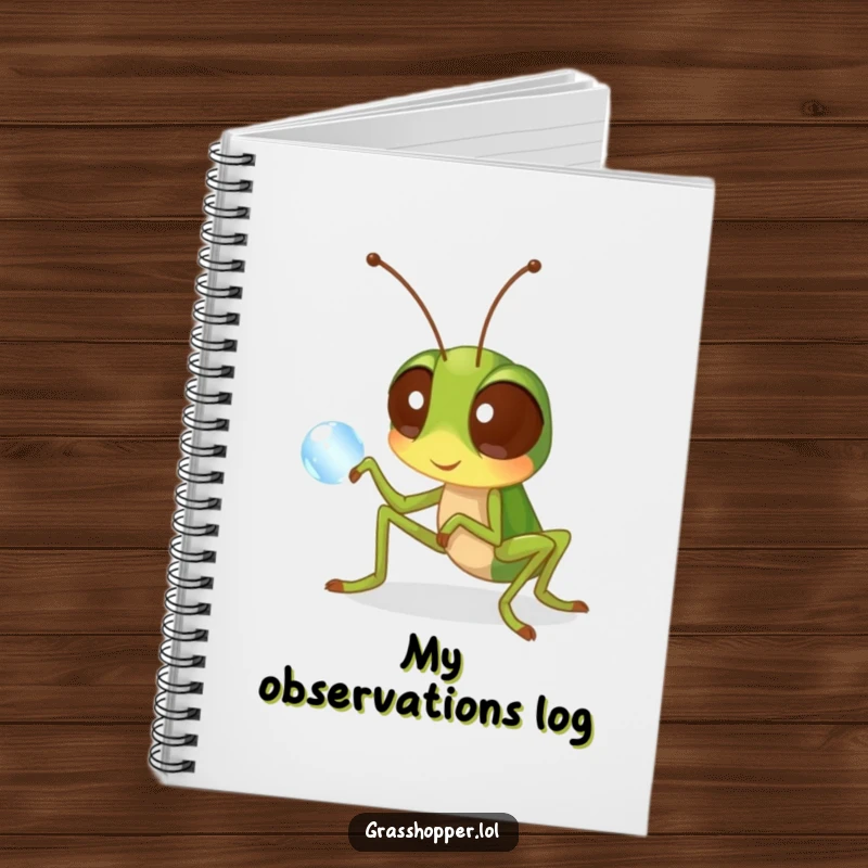 Funny grasshopper notebook with a curious insect examining a dewdrop, perfect for notes and observations with humor.