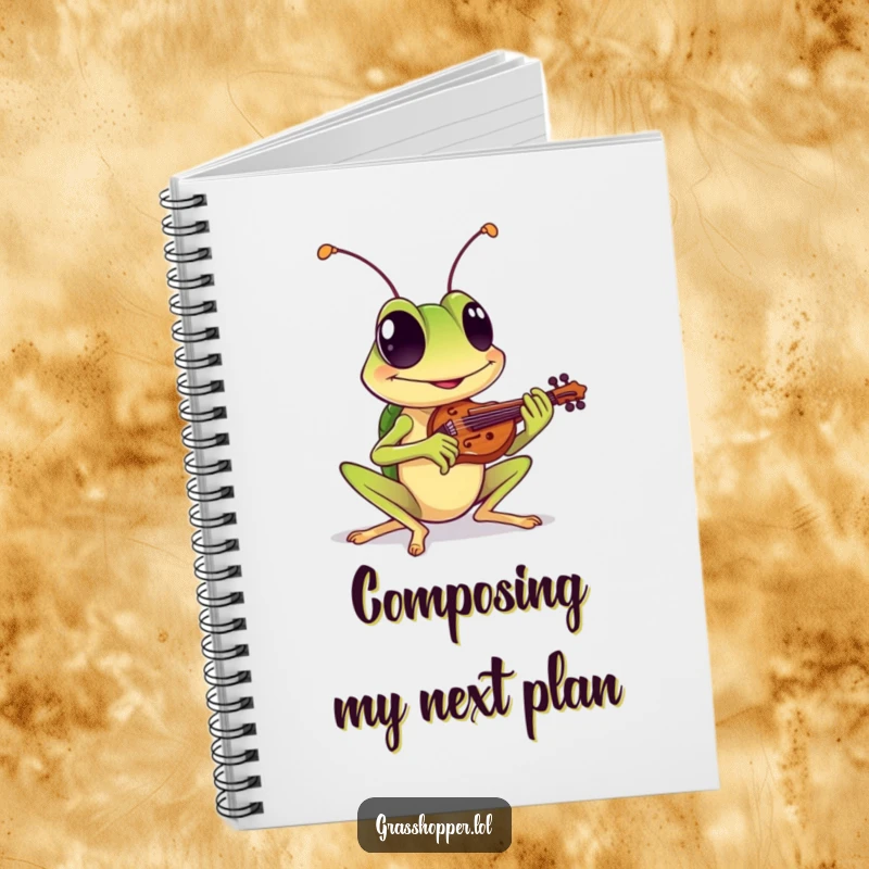 Funny notebook with a grasshopper with a cheerful grin playing a tiny violin, perfect for notes, journaling, and funny gift ideas.