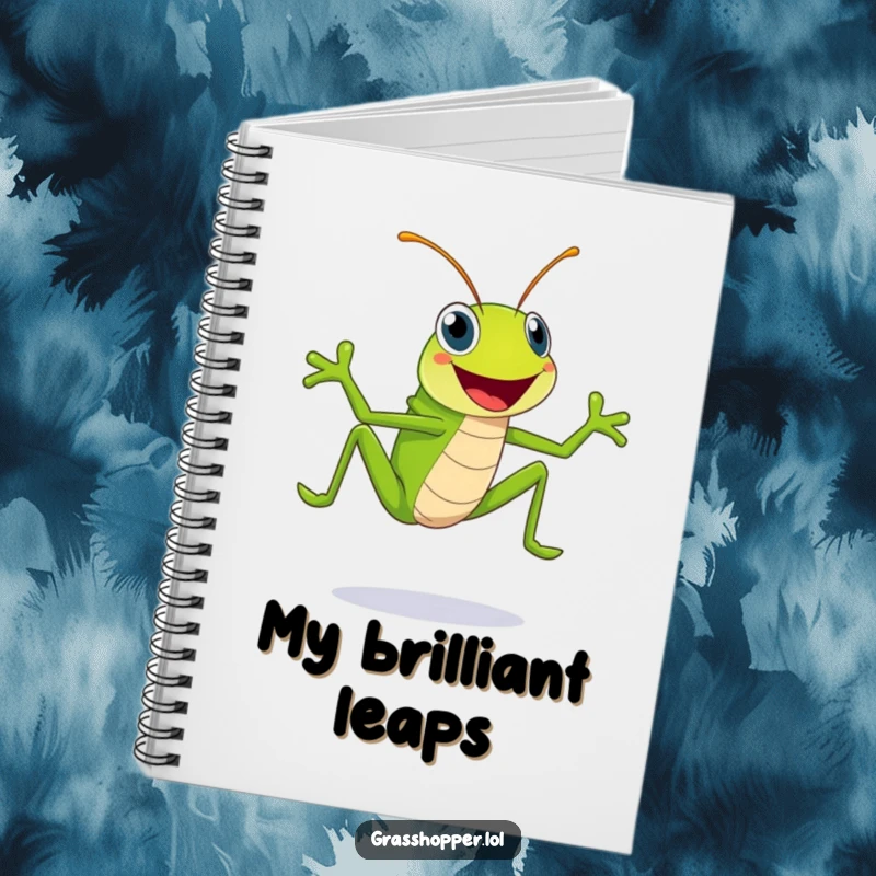 Funny bright green grasshopper with a huge smile is shown leaping high, ideal for note-taking on this humorous notebook.
