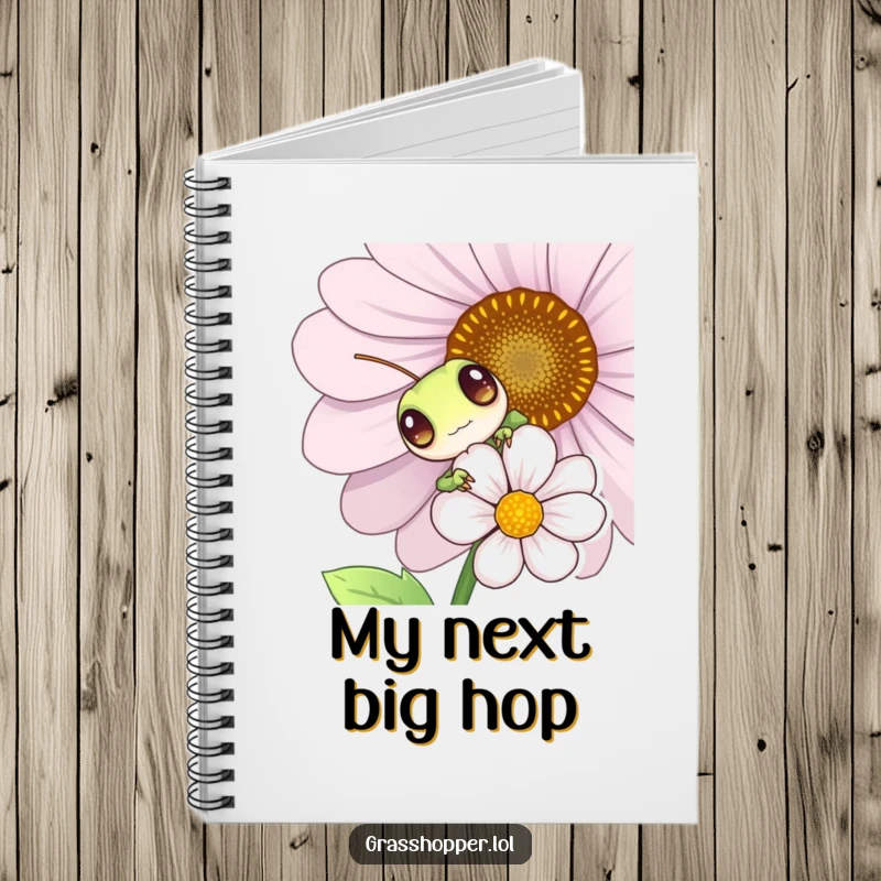 Funny grasshopper peeking from behind a flower, lined notebook, playful insect illustration, ideal for notes and journaling.
