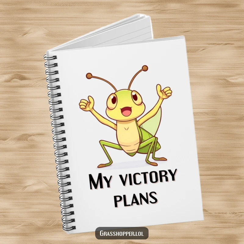Funny Notebook with a grasshopper holding antennae high in a triumphant cheer, designed for celebrating achievements.