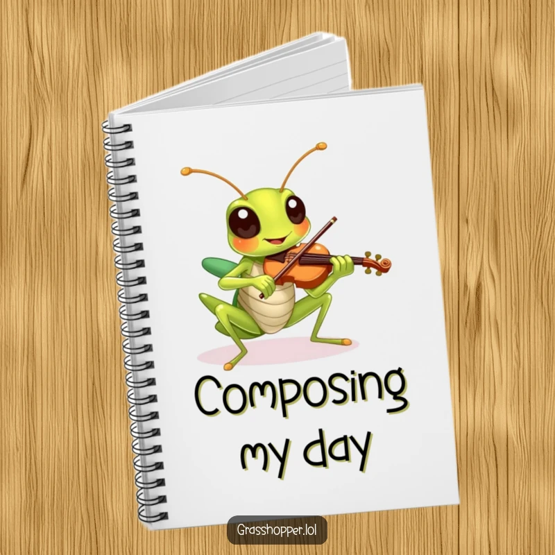 Funny grasshopper playing a tiny violin with a cheerful expression, featured on the cover of a musical notebook.