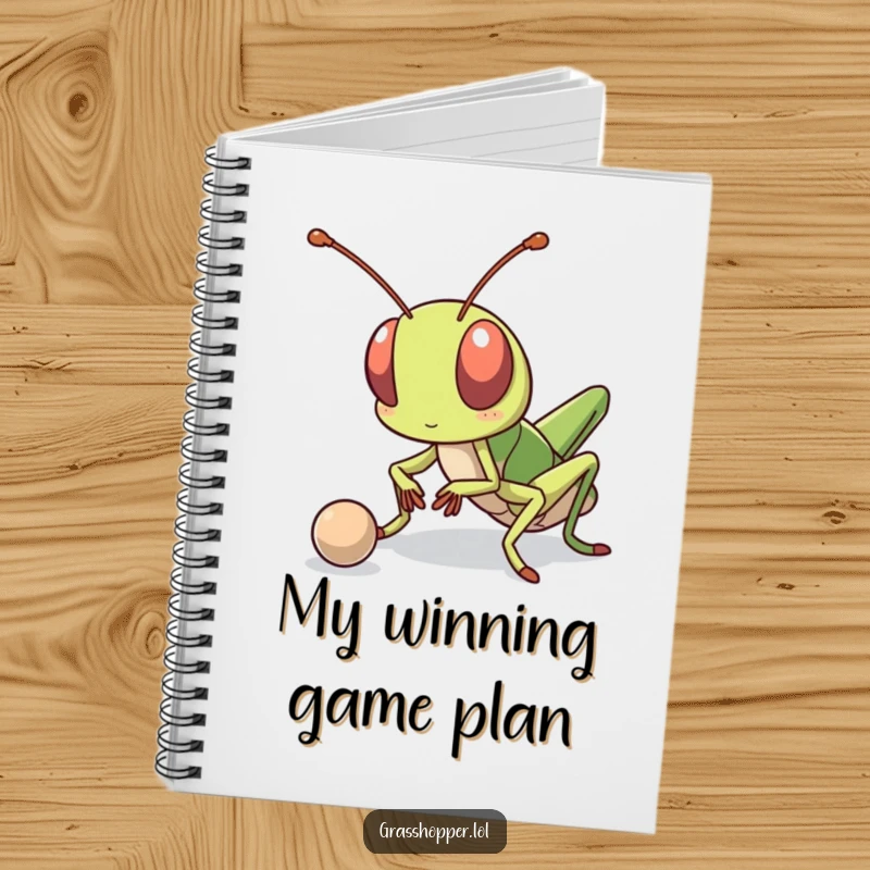 Funny kawaii grasshopper with a determined look, bouncing a ball, featured on a notebook cover for jotting down plans.