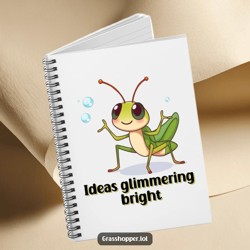 Funny grasshopper character cheerfully juggling dewdrops with its legs on this notebook, a creative funny gift.