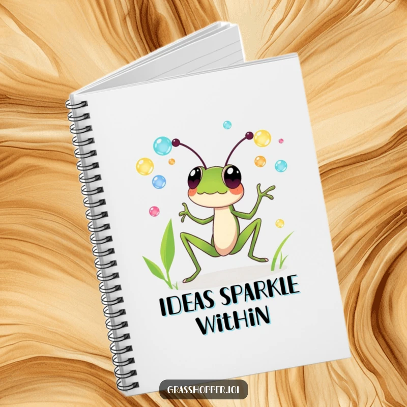 Funny notebook with a grasshopper joyfully juggling colorful dewdrops, perfect for notes, journaling, and funny gift ideas.