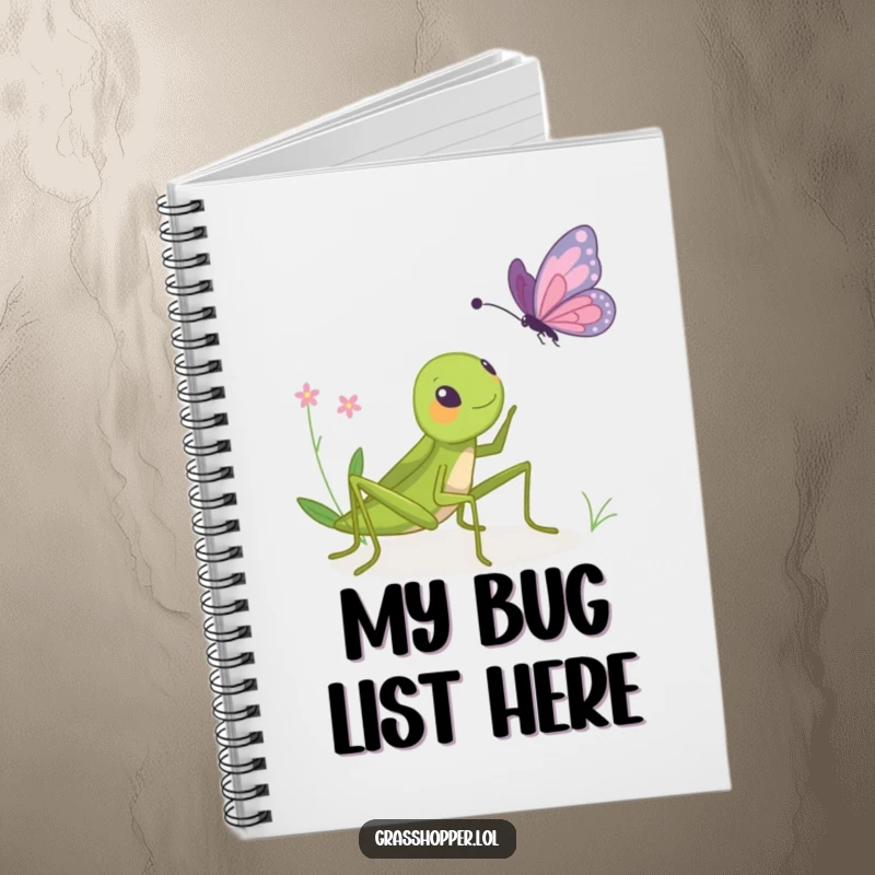 Funny notebook cover with a grasshopper playfully bopping a butterfly, inspiring creativity and smiles for note-taking.