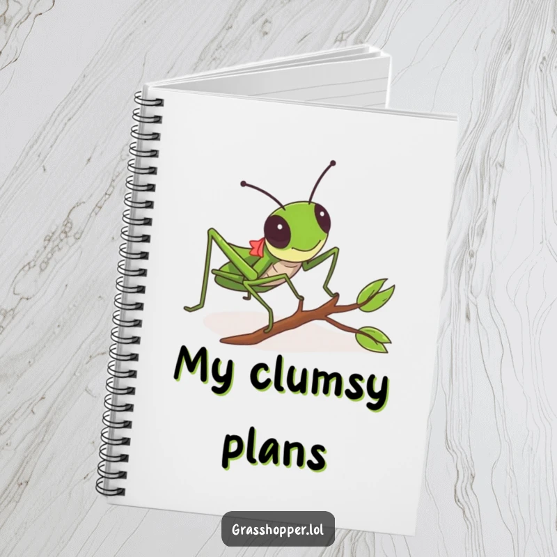 Funny Grasshopper Notebook with a grasshopper tripping over a twig, ideal for writing and doodling.