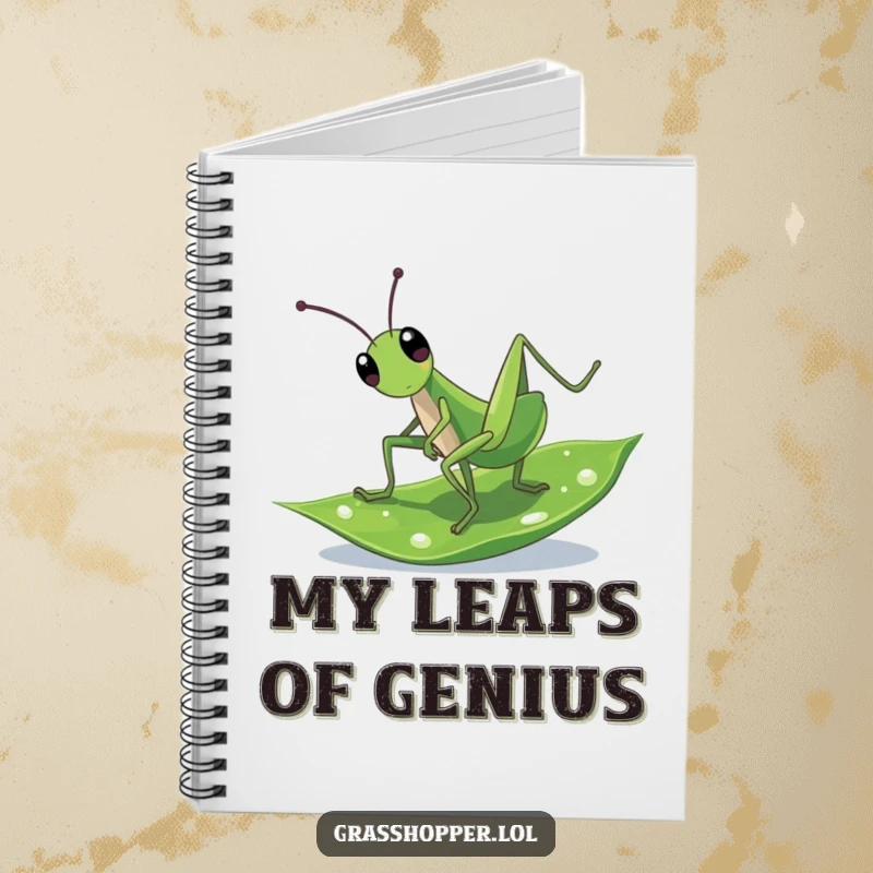Funny Notebook: A grasshopper doing a cartwheel on a dewy leaf, perfect for jotting down energetic thoughts.