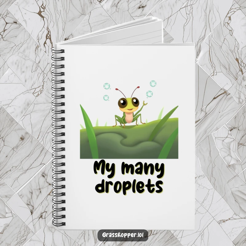 Funny grasshopper with wide, shocked eyes attempting to juggle dewdrops on a notebook cover, humorous stationery gift.