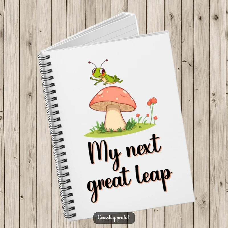 Funny Grasshopper Notebook with a grasshopper mid-jump over a giant mushroom, ideal for creative writing.