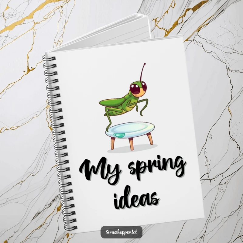 Funny Notebook with a grasshopper energetically bouncing on a dewdrop trampoline, perfect for capturing ideas with playful spirit.