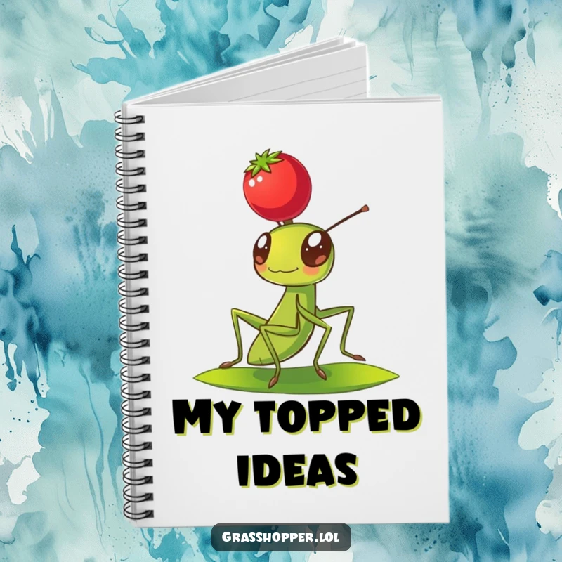 Funny Grasshopper Notebook with a grasshopper balancing a red berry on its head, ideal for writing.