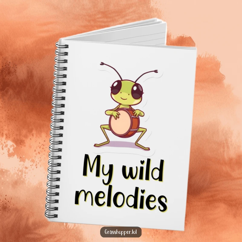 Funny grasshopper notebook, playing a tiny drum with its front legs, ready for rhythmic notes.
