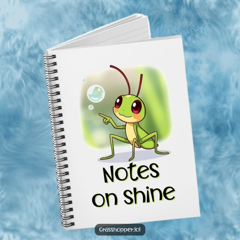 Funny grasshopper notebook, pointing excitedly at a dewdrop, perfect for notes and journaling, a funny gift.
