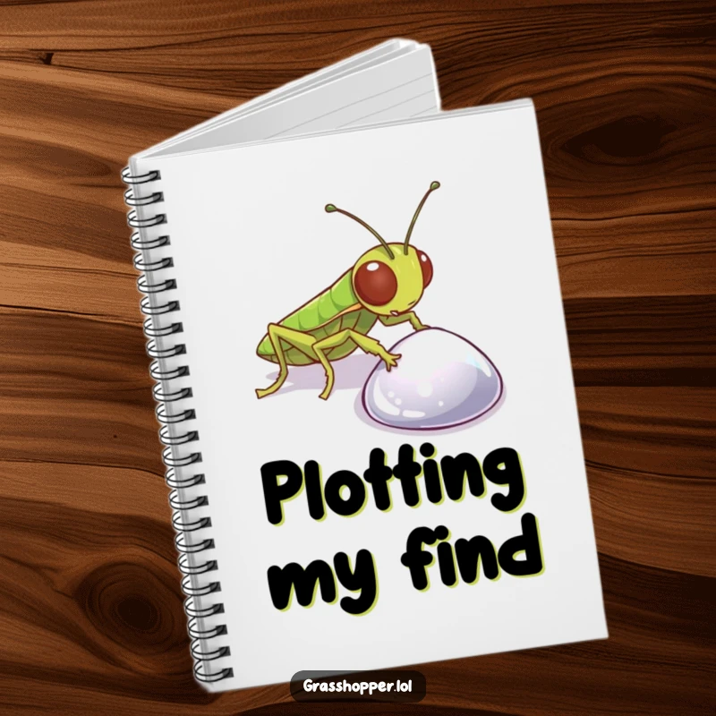 Funny Grasshopper Notebook with a curious insect examining a sparkling pebble, ideal for journaling and note-taking.